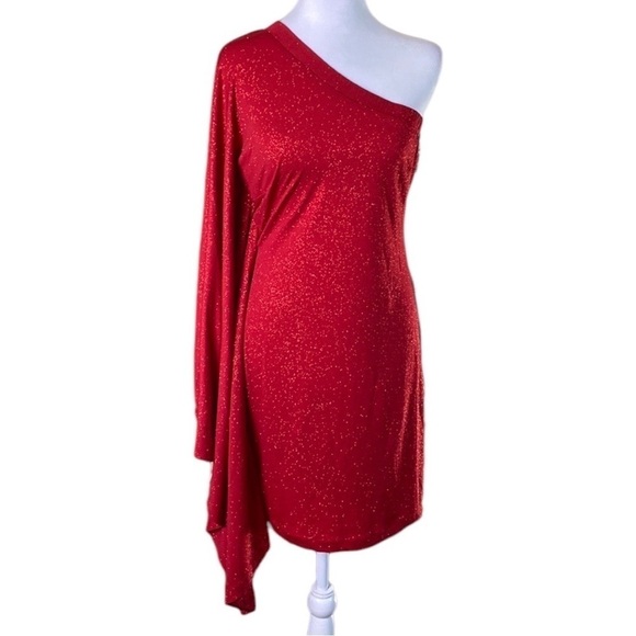 Venus Red One-Shoulder One Sleeve Party Cocktail Shimmer Short Mini Dress size M - Picture 1 of 10